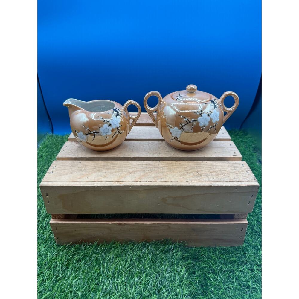 Vintage Japanese Peach Lustreware Creamer and Sugar Bowl Set – Hand-Painted
